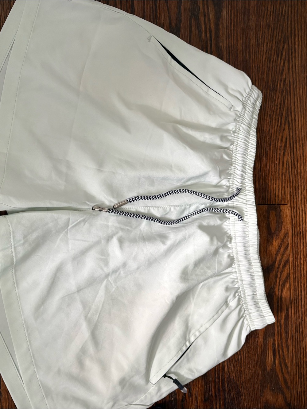 White Athletic Drawstring Shorts with Navy Trim